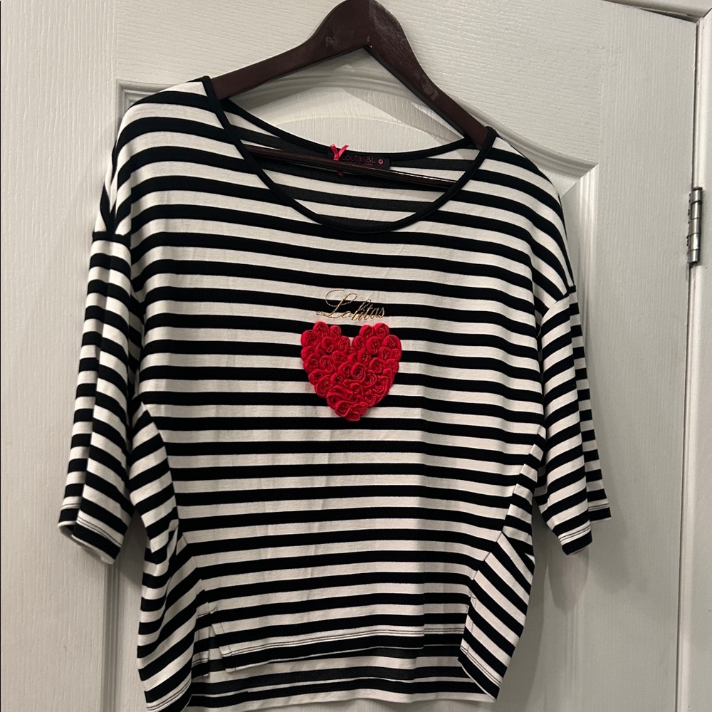 Black and White Striped Tee with Red Heart